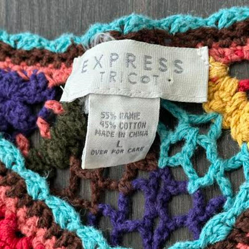 Vintage Express Tricot Open Knit Sweater Bright Floral Patchwork V-Neck Size Lg - Picture 6 of 8